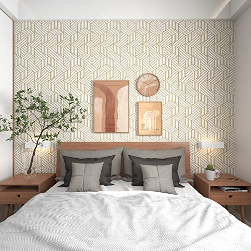 Gold and White Geometric Wallpaper Peel and Stick Wallpaper Hexagon Removable Self Adhesive Wallpaper Gold Stripes Geometric Paper Vinyl Film Decorative Shelf Drawer Liner Roll Waterproof 17.7”×118”