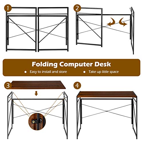 Tangkula Folding Computer Desk, Study Writing Desk with 6 Hooks, Modern Simple PC Laptop Desk with Sturdy Metal Construction, Space Saving Writing Table for Home Office (Brown)