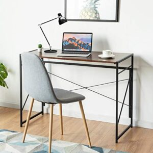 Tangkula Folding Computer Desk, Study Writing Desk with 6 Hooks, Modern Simple PC Laptop Desk with Sturdy Metal Construction, Space Saving Writing Table for Home Office (Brown)