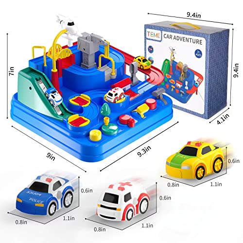 TEMI Kids Race Track Toys for Boy Car Adventure Toy for 3 4 5 6 7 Years Old Boys Girls, Puzzle Rail Car, City Rescue Playsets Magnet Toys 3 Mini Cars, Preschool Educational Car Games Gift Toys