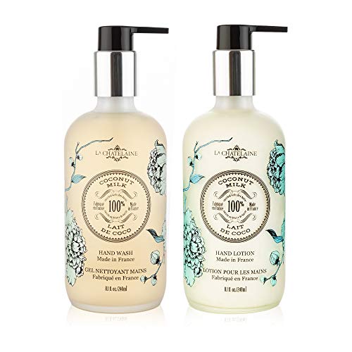 La Chatelaine Hand Care Gift Set | Hand Wash & Hand Lotion 8 oz. in frosted glass bottles, Hand Cream 2.3 oz. | Made in France | Graduation Present | Teacher Gift (Coconut Milk)