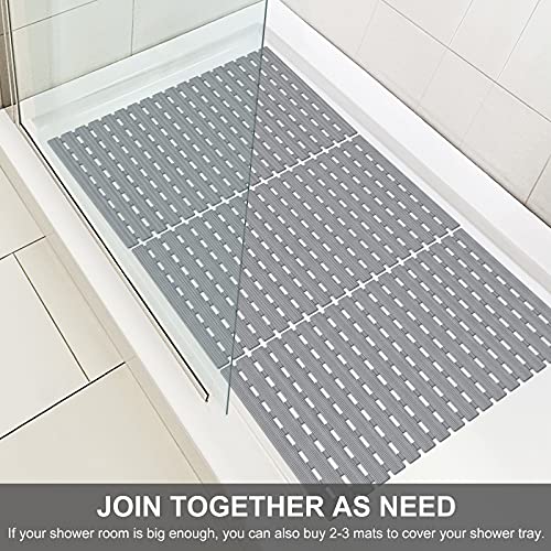 Non Slip Bath Mat Quick Drain Shower Floor Mat Colorful Bathtub Mat Slatted Duckboard Design with Suction Cups for Bathroom Hotel Gym Kitchen | Easy Dry| Non-Toxic, BPA, Latex, Phthalate Free(Grey)