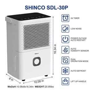Shinco 30 Pints Dehumidifier for Home and Basements, 1500 Sq.Ft Dehumidifier with Drain Hose, Auto or Manual Drainage, Auto Defrost, Quietly Remove Moisture, Activated Carbon Filter, 24HR Timer