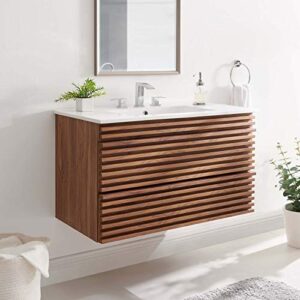 modway render 36" wall-mount bathroom vanity in walnut white