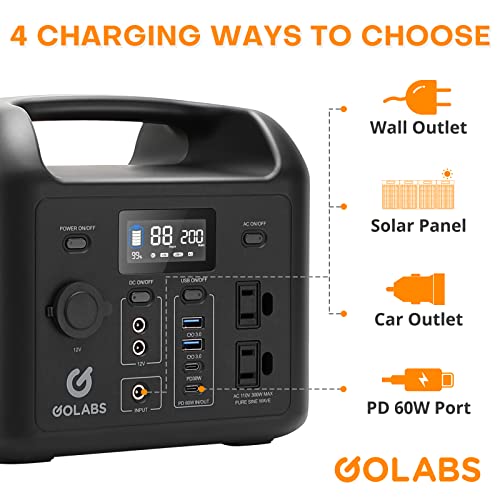 GOLABS R300 Portable Power Station, 299Wh LiFePO4 Battery Backup with 300W Pure Sine Wave AC Peak 500W, Car Outlets, PD 60W Quick in/out Solar Generator for Outdoor Camping Emergency CPAP Black