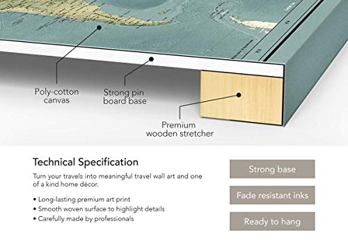 World Travel Map Pinboard on Canvas | World Map Wall Art | Detailed Push Pin Map to Mark Places Traveled (40 x 30)