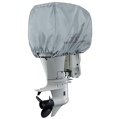 Explore Land Outboard Motor Cover - Waterproof 600D Heavy Duty Boat Engine Hood Covers - Fit for Motor 115-225 HP, Grey