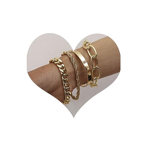 fxmimior Dainty Boho Gold Silver Chain Bracelets Set for Women Adjustable Fashion Beaded Chunky Flat Cable Chain Punk Bracelets Jewelry for Women Girls Gift Set of 4 (Silver)