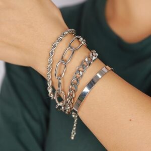 fxmimior Dainty Boho Gold Silver Chain Bracelets Set for Women Adjustable Fashion Beaded Chunky Flat Cable Chain Punk Bracelets Jewelry for Women Girls Gift Set of 4 (Silver)