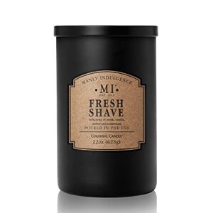 manly indulgence fresh shave jar candle 22 oz - musk, vanilla & bergamot - woodsy amber & cedarwood - up to 120 hours burn - soy blend wax, usa poured