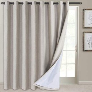 100% blackout shield sliding door curtains linen textured look grommet curtains with blackout liner, thermal insulated blackout curtains, extra wide patio door curtains, 100" x 108", beige