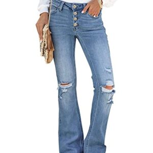 Utyful Women's High Waist Button Fly Ripped Jeans Stretchy Flare Denim Jeans Bell Bottom Pants Button Fly- Light Blue Medium