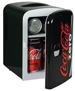 coca cola coke zero 4l cooler/warmer w/ 12v dc and 110v ac cords, 6 can portable mini fridge, personal travel refrigerator for snacks lunch drinks cosmetics, desk home office dorm, black