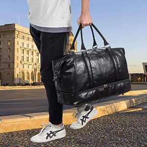 Leather Travel Bag with Shoe Pouch,Weekender Overnight Bag Waterproof Leather Large Carry On Bag Travel Tote Duffel Bag for Men or Women