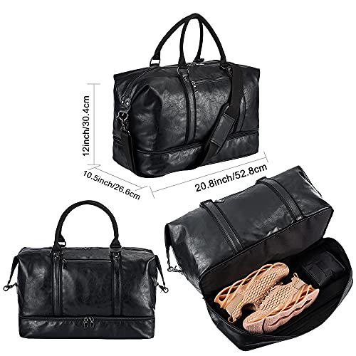 Leather Travel Bag with Shoe Pouch,Weekender Overnight Bag Waterproof Leather Large Carry On Bag Travel Tote Duffel Bag for Men or Women