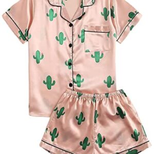 Avanova Women's Pajama Set Stain Cactus Print Short Sleeve Button Down 2 Piece Sleepwear Pink Catus Small