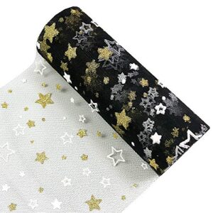 yuanchuan golden star glitter tulle rolls 6 inch x 10 yards (30 feet) black tulle rolls spool fabric tutu for diy skirts wedding gift wrap sewing crafting bow bridal decorations birthday party (black)