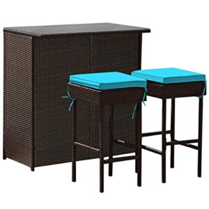 happygrill 3-pieces patio bar set rattan wicker bar stools & table with cushions and glass table top for pool garden dining set with storage shelves