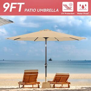 VEGOND 9FT Patio Umbrella Outdoor Yard Table Market Umbrella with 8 Sturdy Ribs and Tilt Adjustment and Crank Lift System for Garden, Pool, Backyard, Deck, BEIGE