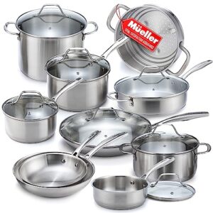 mueller pots and pans set 17-piece, ultra-clad pro stainless steel cookware set, ergonomic and evercool stainless steel handle, includes saucepans, skillets, dutch oven, stockpot, steamer and more