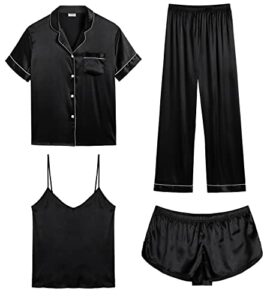 swomog womens 4pcs pajamas sets sexy cami with button down short sleeve shirt pjs silk satin sleepwear loungewear a-black