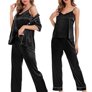 SWOMOG Womens 4pcs Pajamas Sets Sexy Cami with Button Down Short Sleeve Shirt Pjs Silk Satin Sleepwear Loungewear A-black