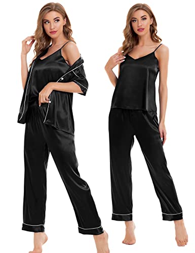 SWOMOG Womens 4pcs Pajamas Sets Sexy Cami with Button Down Short Sleeve Shirt Pjs Silk Satin Sleepwear Loungewear A-black