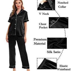 SWOMOG Womens 4pcs Pajamas Sets Sexy Cami with Button Down Short Sleeve Shirt Pjs Silk Satin Sleepwear Loungewear A-black