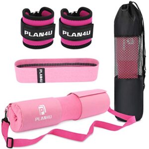 plan4u barbell pad set for squat hip thrusts upgraded workout foam weight lifting bar cushion shoulder neck support with anti-slip grain, fits standard olympic bars and smith machine, 2 gym ankle straps, hip resistance band, carry bag, pink