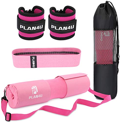 Plan4U Barbell Pad Set for Squat Hip Thrusts Upgraded Workout Foam Weight Lifting Bar Cushion Shoulder Neck Support with Anti-slip Grain, Fits Standard Olympic Bars and Smith Machine, 2 Gym Ankle Straps, Hip Resistance Band, Carry Bag, Pink