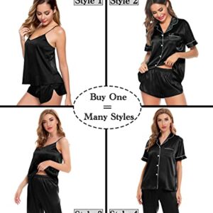 SWOMOG Womens 4pcs Pajamas Sets Sexy Cami with Button Down Short Sleeve Shirt Pjs Silk Satin Sleepwear Loungewear A-black