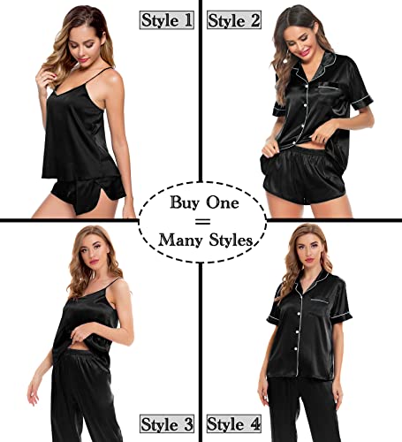 SWOMOG Womens 4pcs Pajamas Sets Sexy Cami with Button Down Short Sleeve Shirt Pjs Silk Satin Sleepwear Loungewear A-black