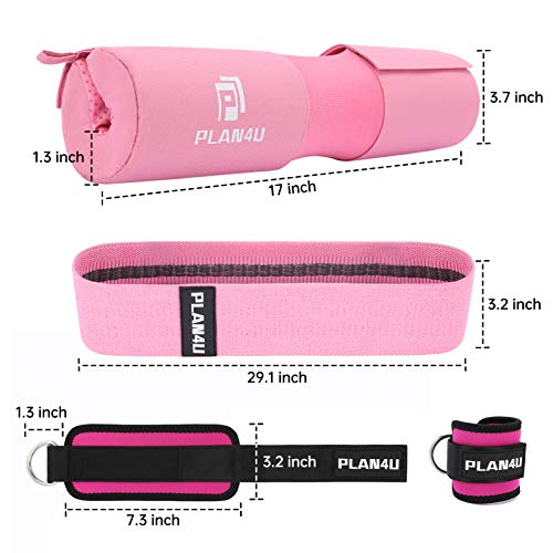 Plan4U Barbell Pad Set for Squat Hip Thrusts Upgraded Workout Foam Weight Lifting Bar Cushion Shoulder Neck Support with Anti-slip Grain, Fits Standard Olympic Bars and Smith Machine, 2 Gym Ankle Straps, Hip Resistance Band, Carry Bag, Pink