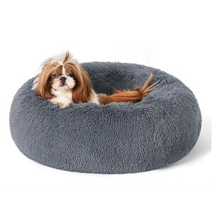 bedsure calming dog bed for small dogs - donut washable small pet bed, 23 inches anti-slip round fluffy plush faux fur large cat bed, fits up to 25 lbs pets, dark grey