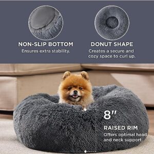 Bedsure Calming Dog Bed for Small Dogs - Donut Washable Small Pet Bed, 23 inches Anti-Slip Round Fluffy Plush Faux Fur Large Cat Bed, Fits up to 25 lbs Pets, Dark Grey