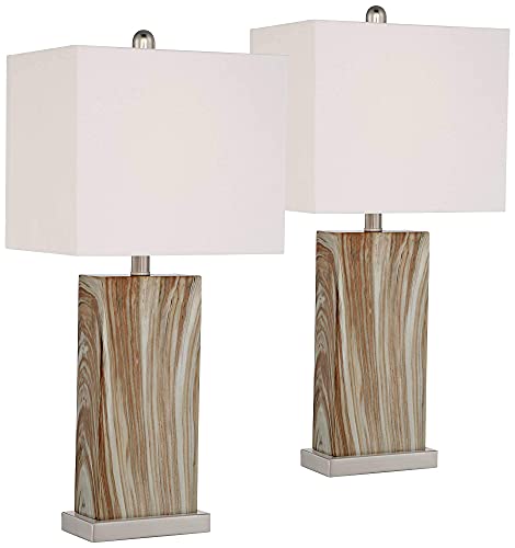 360 Lighting Connie Modern Table Lamps 25" High Set of 2 with USB Charging Port Brown Marble Brushed Nickel White Fabric Rectangular Living Room Desk Bedroom House Bedside Nightstand Home