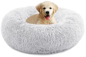 calming dog bed for medium dogs, anti anxiety donut dog bed, round dog bed for puppy, plush faux fur dog bed, fluffy dog bed, soft fuzzy pet bed, machine washable, 23x23inch grey