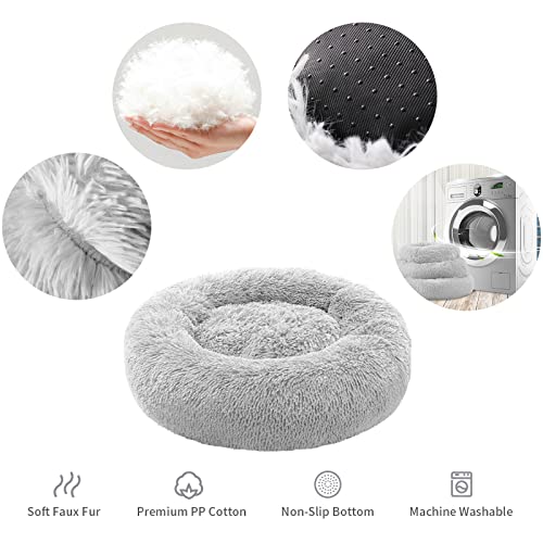 Calming Dog Bed for Medium Dogs, Anti Anxiety Donut Dog Bed, Round Dog Bed for Puppy, Plush Faux Fur Dog Bed, Fluffy Dog Bed, Soft Fuzzy Pet Bed, Machine Washable, 23x23inch Grey