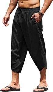 coofandy men's beach pants loose casual lightweight elastic waist summer linen pants black