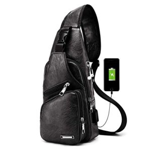 phabuls men's side sling faux leather backpack chest bag for men with usb charging port for travel, hiking,cycling(black)