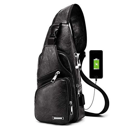 PHABULS Men's Side Sling Faux Leather Backpack Chest Bag for Men with USB Charging Port for Travel, Hiking,Cycling(Black)