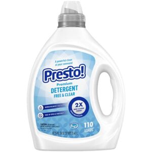 amazon brand - presto! concentrated liquid laundry detergent, free & clear, hypoallergenic, free of perfumes clear of dyes, 110 loads, 82.5 fl oz