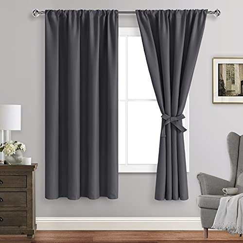 JIUZHEN Blackout Curtains for Bedroom - Thermal Insulated Room Darkening Rod Pocket Curtains for Living Room, Set of 2 Panels with Tiebacks, 42 x 63 Inch Length, Dark Grey