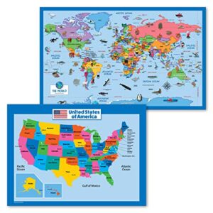 2 pack - world map poster for kids [illustrated] + simplified united states map (laminated, 18" x 29")