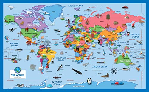 2 Pack - World Map Poster for Kids [Illustrated] + Simplified United States Map (Laminated, 18" x 29")