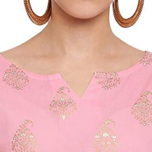 Janasya Women's Pink Foil Printed Cotton Kurta with Palazzo