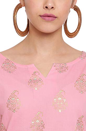 Janasya Women's Pink Foil Printed Cotton Kurta with Palazzo