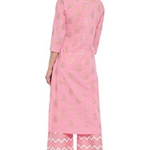 Janasya Women's Pink Foil Printed Cotton Kurta with Palazzo