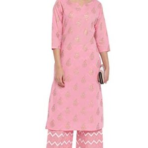 Janasya Women's Pink Foil Printed Cotton Kurta with Palazzo