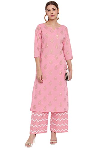 Janasya Women's Pink Foil Printed Cotton Kurta with Palazzo